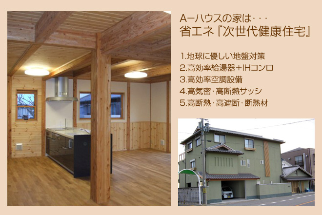 A－ハウスの家は・・・省エネ『次世代健康住宅』
1.地球に優しい地盤対策
2.高効率給湯器＋IHコンロ
3.高効率空調設備
4.高気密・高断熱サッシ
5.高断熱・高遮断・断熱材
